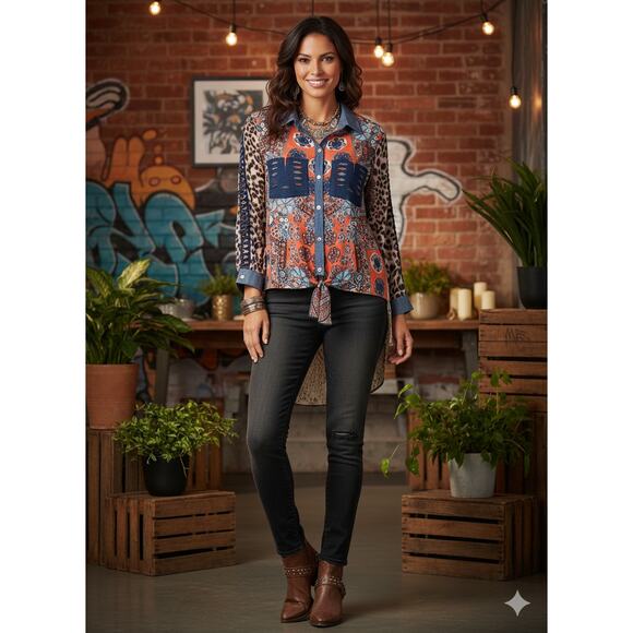 John Mark Womens S Maximalist Artsy Boho Western Distressed Button Down Shirt - Picture 2 of 12